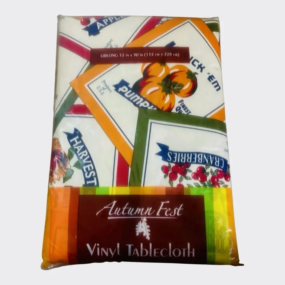 Kmart Autumn Fest Vinyl Tablecloth Oblong 52x90 Vintage Harvest Fruit Labels NIP